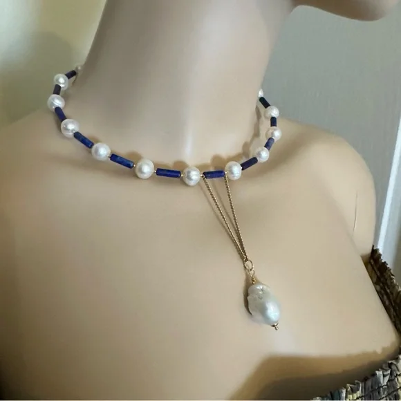 C106 New Handmade Natural Freshwater Pearl and Lapis Lazuli Choker - Picture 11 of 14